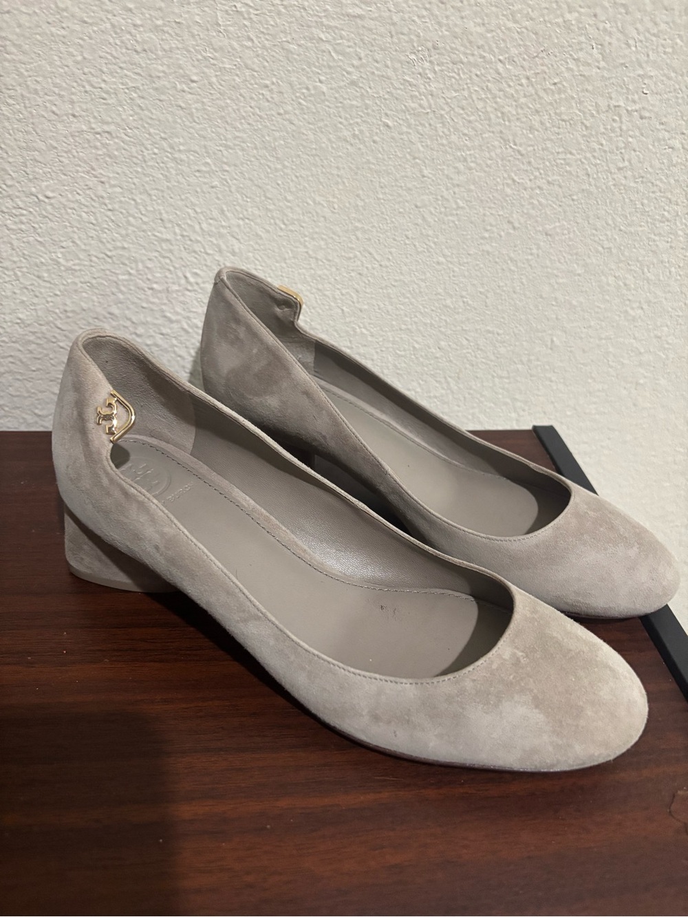 Tory Burch Taupe Suede Low Block Heel Pumps
